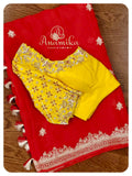 Red Banarasi Chiffon Saree with yellow work blouse