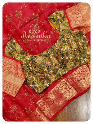 Red Tussar Saree with embroidery all over - kalamakari blouse