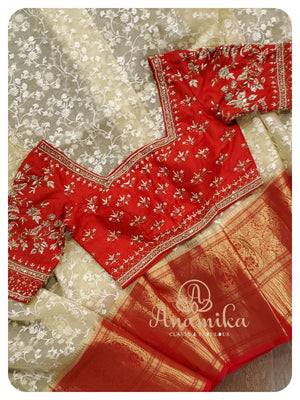 Offwhite chikankari organza with red kanchi border