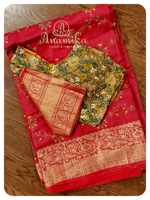 Red Tussar Saree with embroidery all over - kalamakari blouse