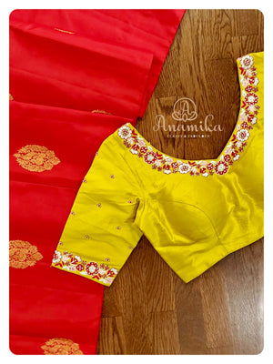 Red Soft Silk saree with contrast lime green blouse