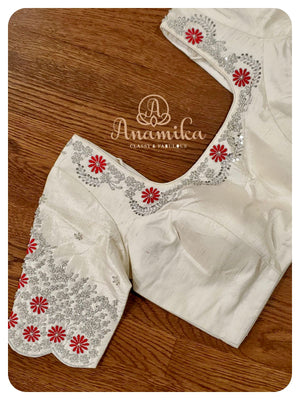 Red Banarasi Chiffon Saree with off white work blouse