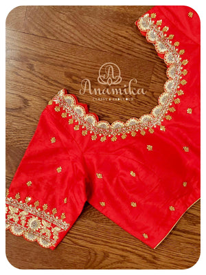 Cream chikankari organza with red kanchi border