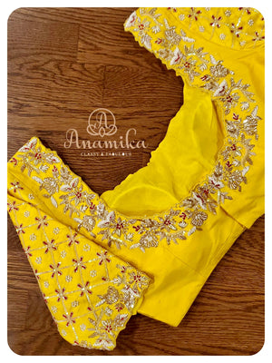 Red Banarasi Chiffon Saree with yellow work blouse