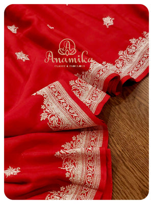 Red Banarasi Chiffon Saree with yellow work blouse