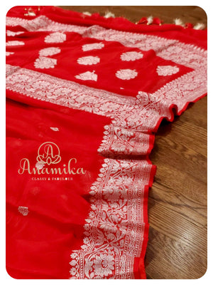 Red Banarasi Chiffon Saree with off white work blouse