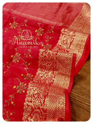 Red Tussar Saree with embroidery all over - kalamakari blouse