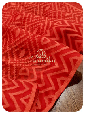 Red Muslin Dhakai Saree with black ikkat blouse