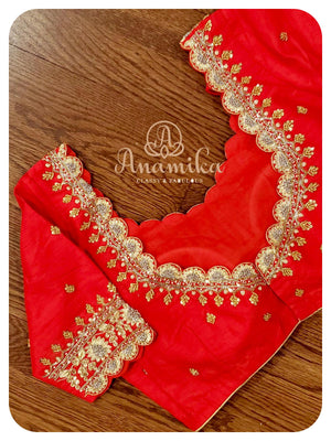 Cream chikankari organza with red kanchi border