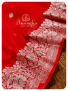 Red Banarasi Chiffon Saree with off white work blouse