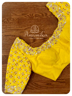 Red Banarasi Chiffon Saree with yellow work blouse