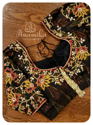 Red Muslin Dhakai Saree with black ikkat blouse