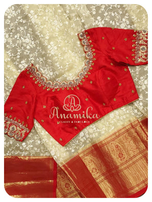 Cream chikankari organza with red kanchi border