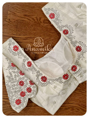 Red Banarasi Chiffon Saree with off white work blouse