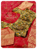 Red Tussar Saree with embroidery all over - kalamakari blouse