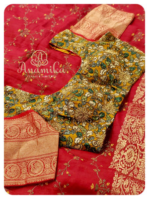 Red Tussar Saree with embroidery all over - kalamakari blouse