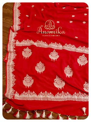 Red Banarasi Chiffon Saree with yellow work blouse