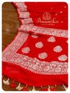 Red Banarasi Chiffon Saree with off white work blouse