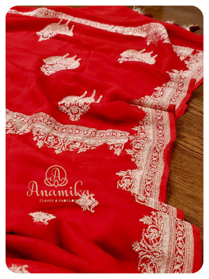 Red Banarasi Chiffon Saree with yellow work blouse