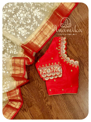 Cream chikankari organza with red kanchi border