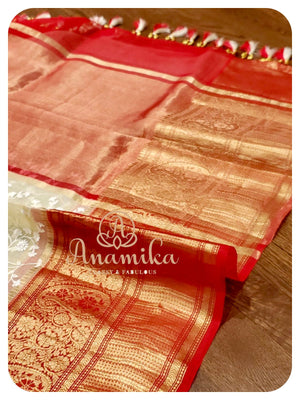 Offwhite chikankari organza with red kanchi border