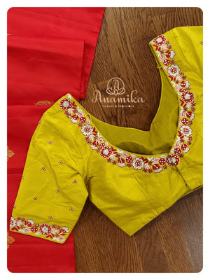 Red Soft Silk saree with contrast lime green blouse