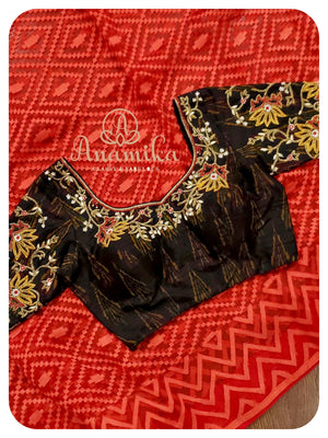 Red Muslin Dhakai Saree with black ikkat blouse