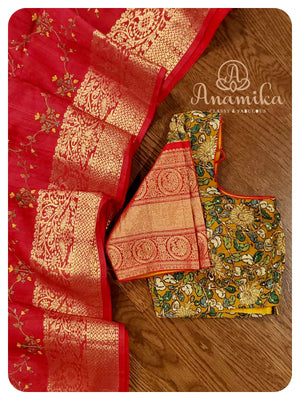 Red Tussar Saree with embroidery all over - kalamakari blouse