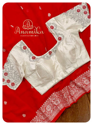 Red Banarasi Chiffon Saree with off white work blouse