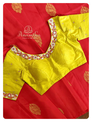 Red Soft Silk saree with contrast lime green blouse