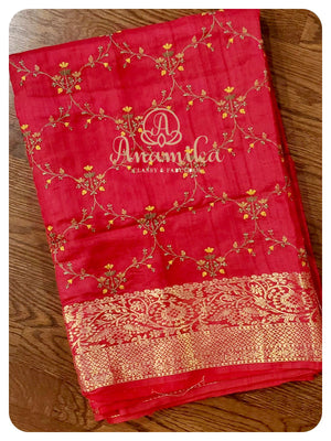 Red Tussar Saree with embroidery all over - kalamakari blouse