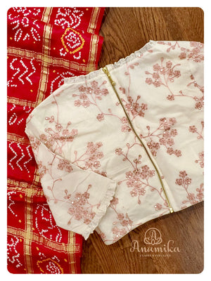 Red bandini gharchola with off white chikankari work blouse