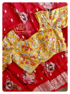Maroonish Red Floral Chiffon saree with kalamkari blouse