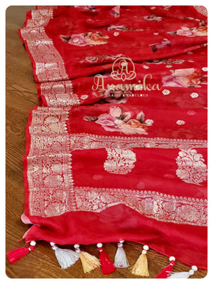 Red Banarasi Chiffon Digital Floral Print