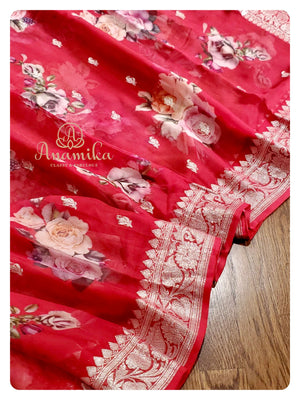Maroonish Red Floral Chiffon saree with kalamkari blouse