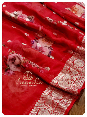 Red Banarasi Chiffon Digital Floral Print