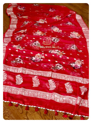 Maroonish Red Floral Chiffon saree with kalamkari blouse