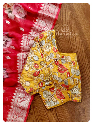 Maroonish Red Floral Chiffon saree with kalamkari blouse