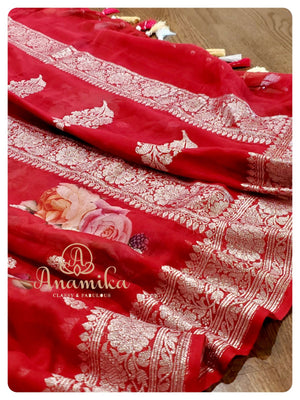 Red Banarasi Chiffon Digital Floral Print
