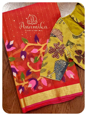 Red Muslin jamdaani with pen kalamkari blouse