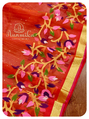 Red Muslin jamdaani with pen kalamkari blouse