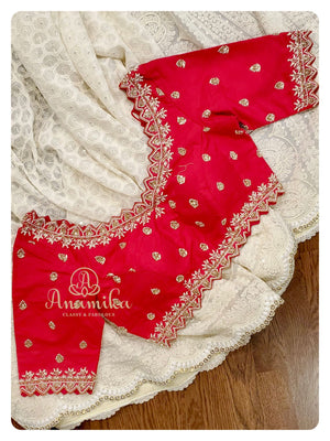 Cream Chikankari Georgette Saree with Red Pearl work blouse