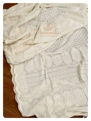 Cream Chikankari Georgette Saree with Red Pearl work blouse