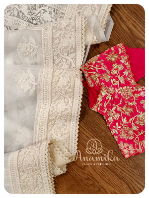 White Organza Chikankari with pink heavy work blouse