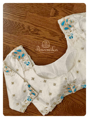 Off White Blouse with Blue thread and silver work
