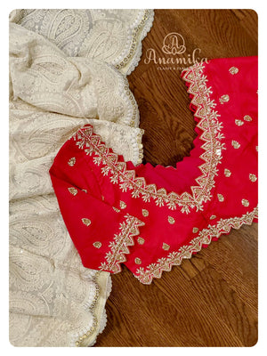 Cream Chikankari Georgette Saree with Red Pearl work blouse