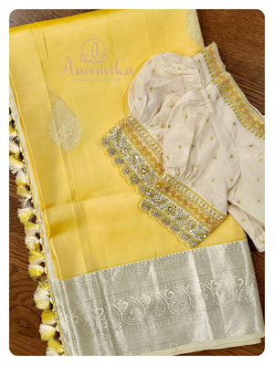 Yellow/off white kanchi silk saree with puff sleeves blouse