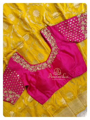 Yellow Banarasi Silk Saree with Pink Blouse