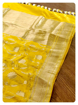 Yellow Banarasi Silk Saree with Pink Blouse