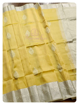Yellow/off white kanchi silk saree with puff sleeves blouse